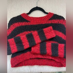 Zara Red and Black Striped Crewneck Sweater